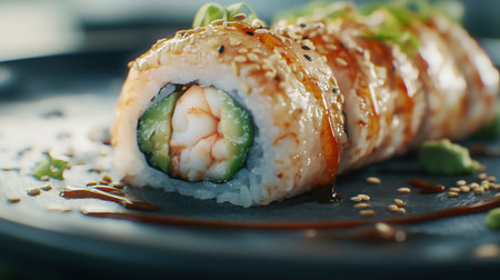 Sushi roll with salmon, eel, cucumber, cream cheese and sesame seeds.の写真素材