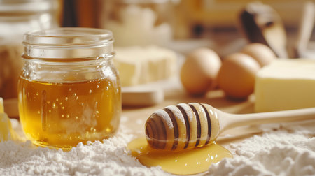 Honey in a jar, eggs and flour on a wooden backgroundの写真素材