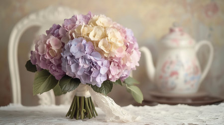 Beautiful hydrangea bouquet on a white tableclothの写真素材