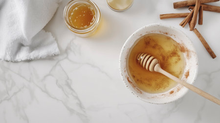 Honey in bowl and honey dipper on table, top viewの写真素材