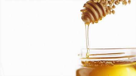 Honey dripping from a wooden honey dipper into a jar on a white backgroundの写真素材