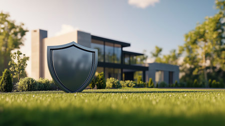 Security shield on grass in front of modern house. 3d renderingの写真素材