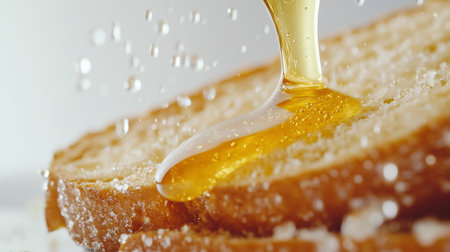 Honey dripping from a spoon into a slice of bread, close-up