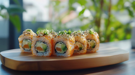 sushi rolls on a wooden plate in a restaurant, close-up