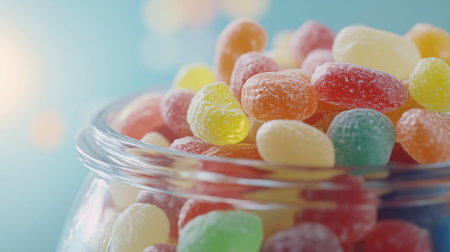 Colorful candies in glass jar on blue background, closeupの写真素材