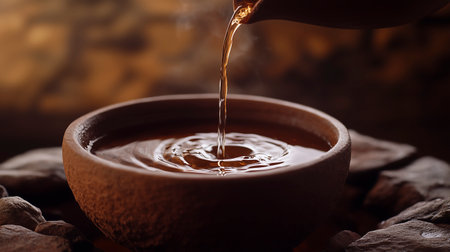 Honey pouring from a pot into a clay bowl, close upの写真素材