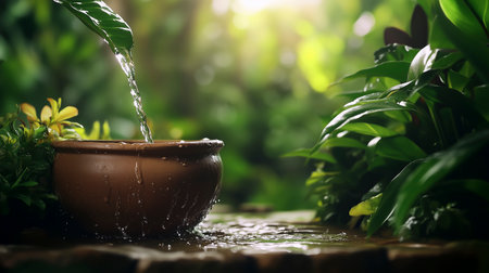 Water pouring from a clay pot into a bowl with green plants.の写真素材
