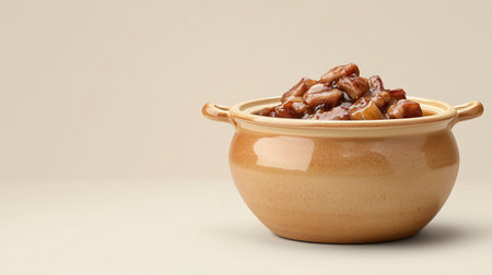 Ceramic pot of caramelized onions on a beige backgroundの写真素材