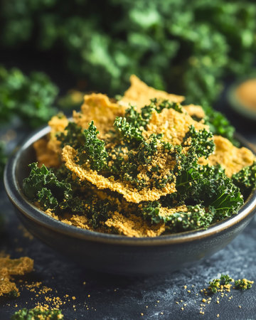Homemade crispy kale chips in a bowl on a dark background, selective focus.の写真素材