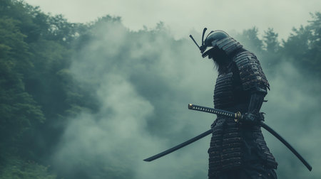 Samurai warrior with sword in the foggy forest. Action.の写真素材