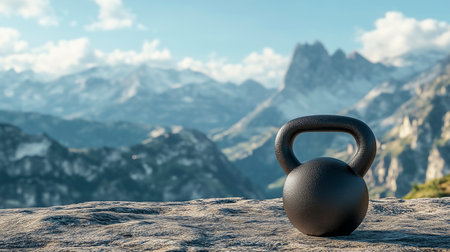 Kettlebell on the top of the mountain. 3d renderの写真素材