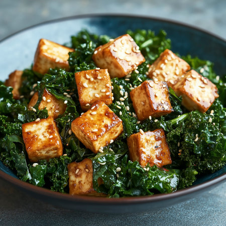 Fried Tofu with Kale and Sesame Seeds, squareの写真素材