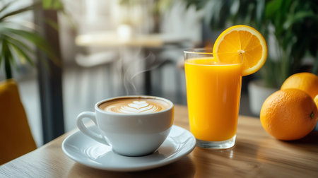 Coffee cup and orange juice on wooden table in coffee shopの写真素材