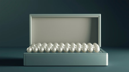 3D render of white pearls in a box on gray backgroundの写真素材