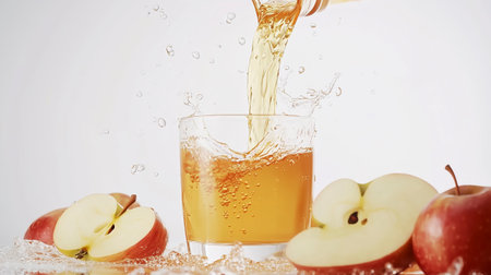 apple juice pouring into glass with apples on white background, closeupの写真素材