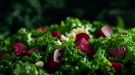 Fresh salad with kale, beetroot and walnuts. Selective focus.