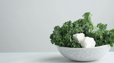 Fresh green lettuce salad with feta cheese in bowl on white tableの写真素材
