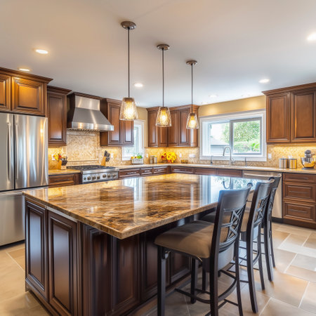Kitchen with dark brown cabinets and granite countertop. Northwest, USAの写真素材