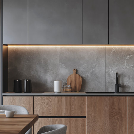 Interior of modern kitchen with gray and wooden walls, concrete floor, gray countertops and wooden cupboards. 3d renderingの写真素材