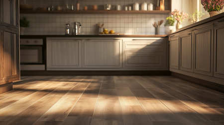 Kitchen interior with wooden floor. 3d render. Blurry background.の写真素材