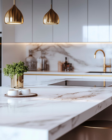 White marble kitchen countertop in modern style. 3d rendering mock upの写真素材