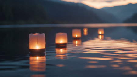 Candles floating on the water in the lake at sunset time.の写真素材