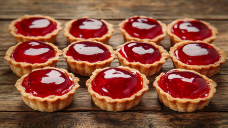 Tasty tartlets with jam on grey wooden table, closeupの写真素材