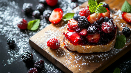 Sweet toast with berry jam and fresh berries on black wooden backgroundの写真素材