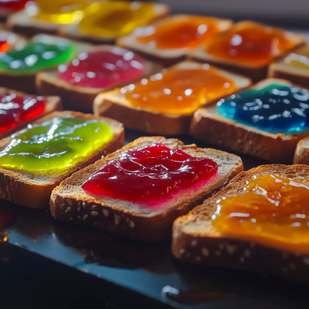 Variety of colorful fruit jelly on toast bread. Selective focus.の写真素材