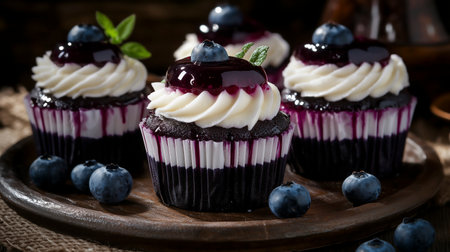 Blueberry cupcakes with white cream and fresh blueberries, selective focusの写真素材