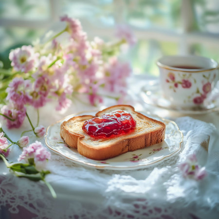 Breakfast with toast bread, strawberry jam and cup of coffee.