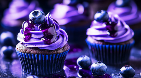Delicious cupcakes with purple decoration on a black background. Selective focus.の写真素材