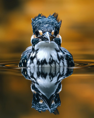 Black-crested kingfisher in the water with reflectionの写真素材