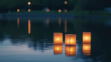 Candles on the water in the park at night. Selective focus.の写真素材