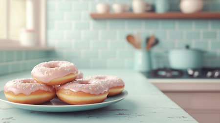 Plate with tasty donuts on table in kitchen, closeupの写真素材