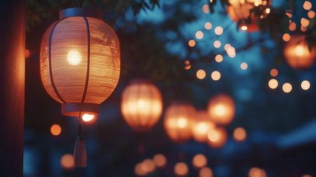 Chinese lanterns on the street at night with bokeh backgroundの写真素材