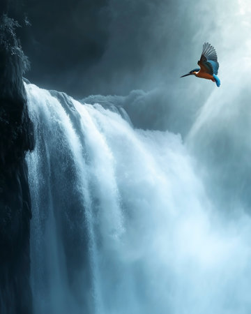 beautiful waterfall with kingfisher flying over it, 3d renderの写真素材