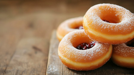 Delicious donuts with jam on wooden table, close-upの写真素材