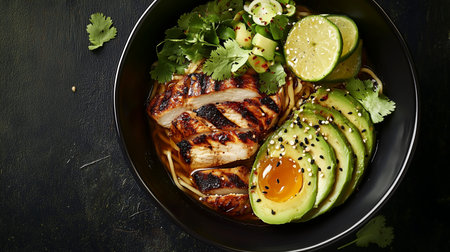 Japanese ramen noodle with grilled chicken and avocado, top view