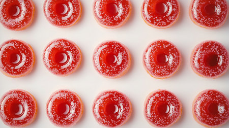 Red jelly candies with sugar on white background. Top view.の写真素材
