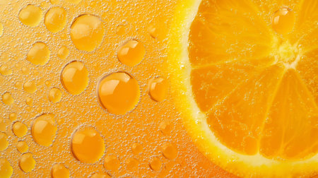 Orange fruit with water drops on a yellow background. Close-up.