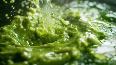 Close up of fresh green water splashing in a bowl. Macro shot.