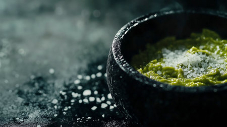 Bowl of fresh guacamole with salt on black backgroundの写真素材