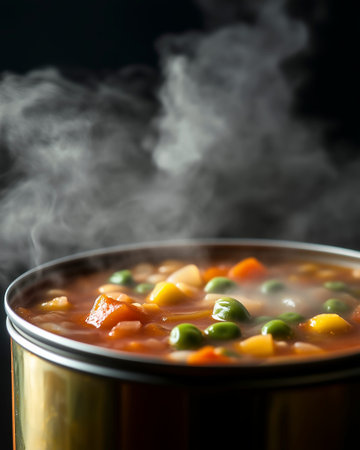 chicken soup with vegetables in a tin can on a dark backgroundの写真素材