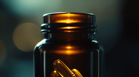Close up of a medicine bottle with yellow pills on a black backgroundの写真素材