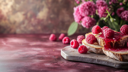 Raspberry sandwiches with butter and fresh raspberries on a rustic backgroundの写真素材