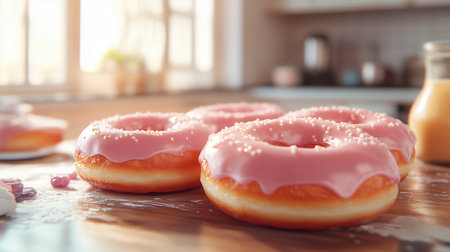Delicious glazed donuts on table in kitchen, closeupの写真素材