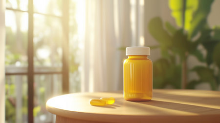 Yellow pill bottle on the table in the morning light. 3d renderingの写真素材