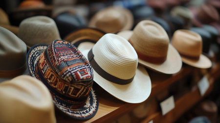 Many hats for sale in a shop. Selective focus on hats.の写真素材