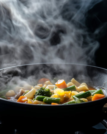 Fried vegetables in a frying pan with smoke on a dark backgroundの写真素材